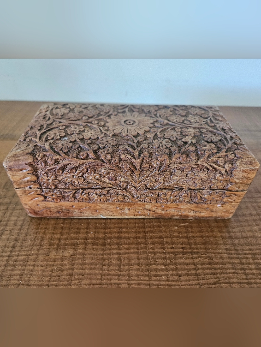 Vintage Hand-Carved Indian Mughal Style Wooden Jewelry Box